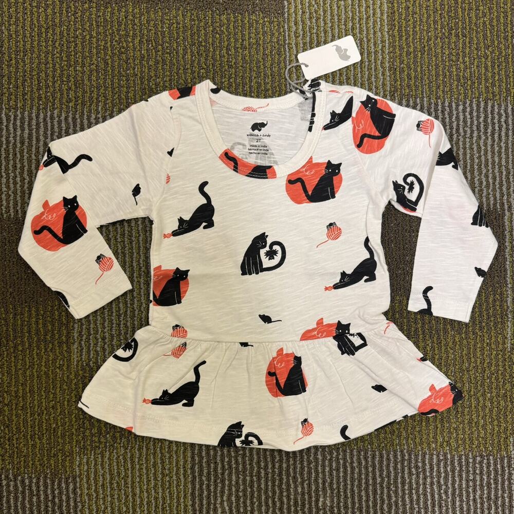 NWT Monica + Andy Peplum Slub Cotton Longsleeve Black Cat Halloween